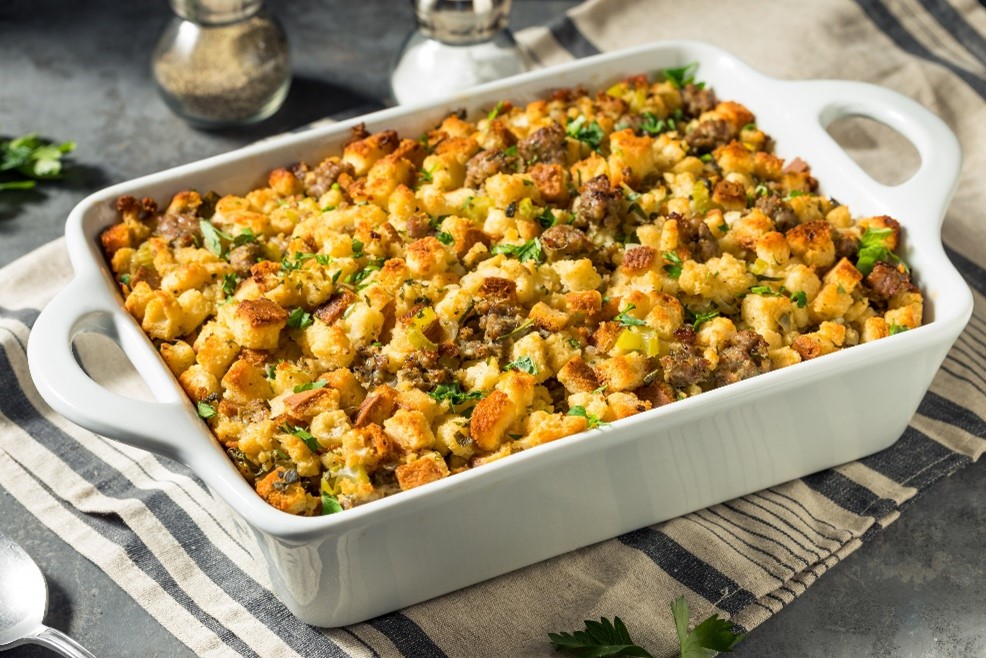 A dish of savory sausage stuffing.